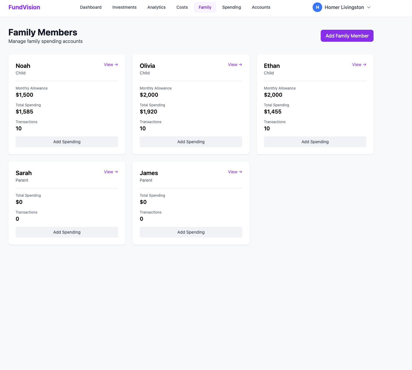 Profiles page showing role-based access for family members and advisors